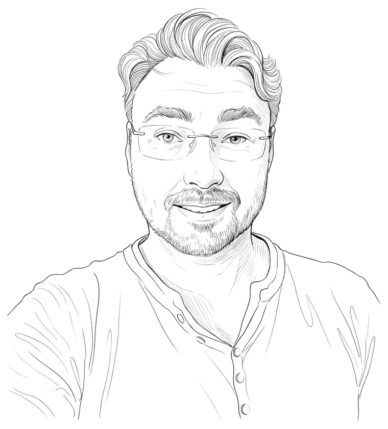 Pen drawing of Joris Wenting: swept-back wavy hair, rimless glasses, a short beard and a friendly smile, wearing a buttoned henley shirt.