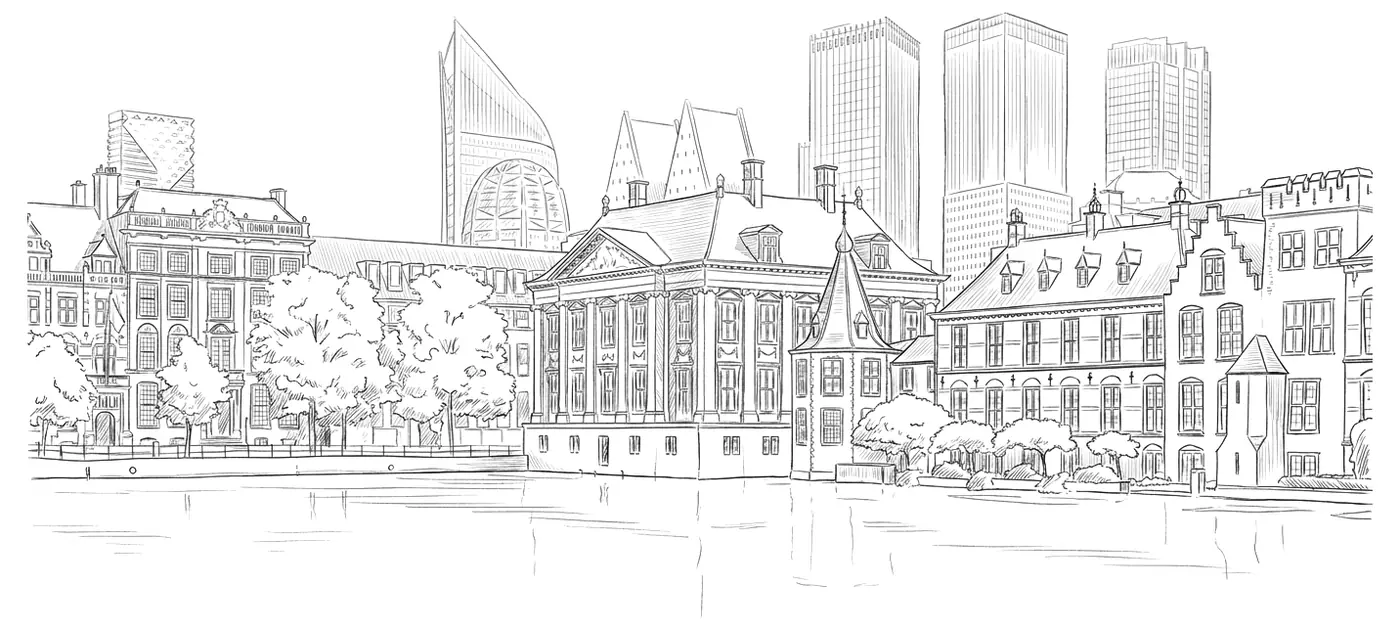 Pen drawing of The Hague across the Hofvijver pond: the Mauritshuis on the water in the centre, the Binnenhof and the small Torentje tower on the right, trees and stately buildings on the left, and the city's modern high-rise towers rising behind them.